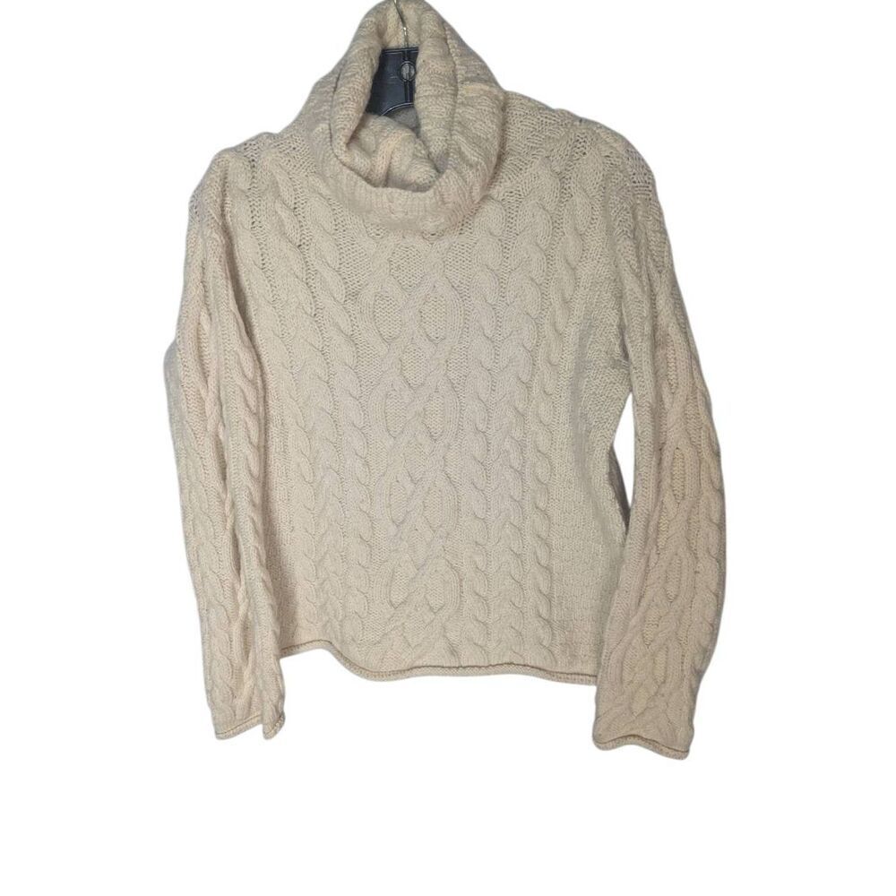 Inis Crafts Beige Cream 100% Merino Wool Cable Knit Sweater M Medium